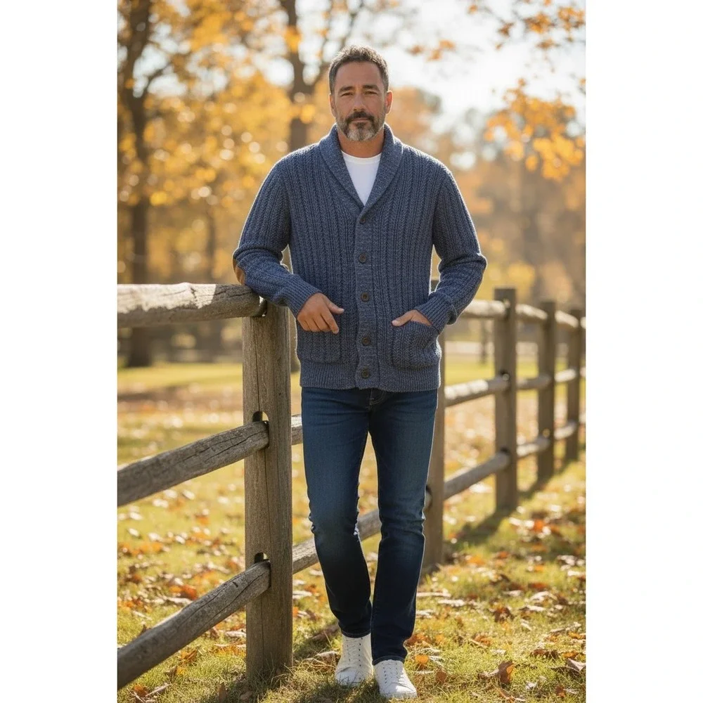 J.Crew Shawl Collar Cardigan Sweater Blue‎ Elbow Patch Cotton Men's XL
